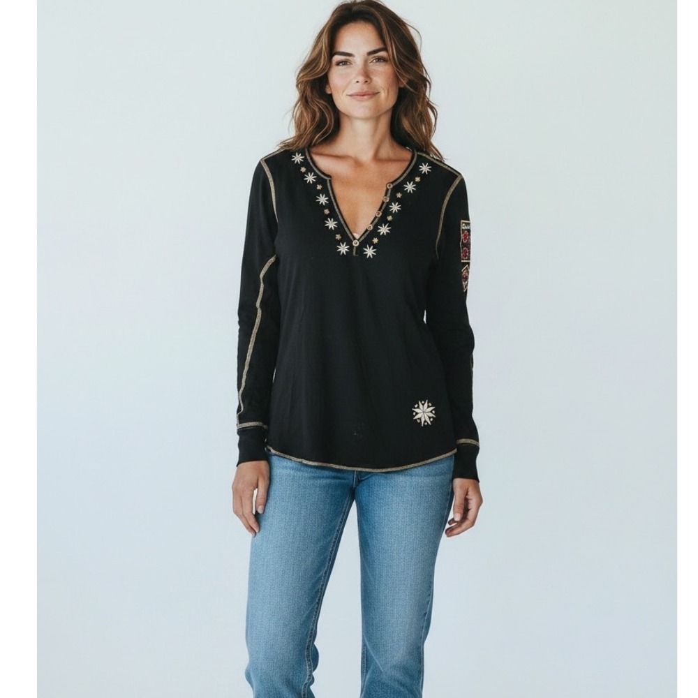 Alp-n-Rock Womens Black Embroidered Snowflake Henley Top XS Organic Cotton Blend